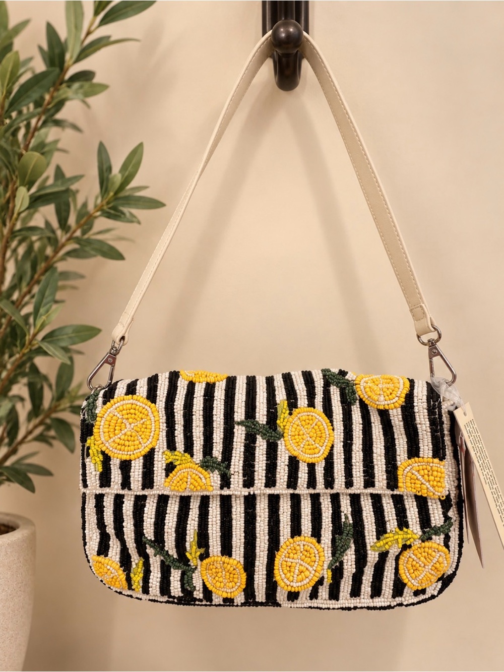 Beaded Lemon Stripe Shoulder Bag - Cream/Black/Yellow